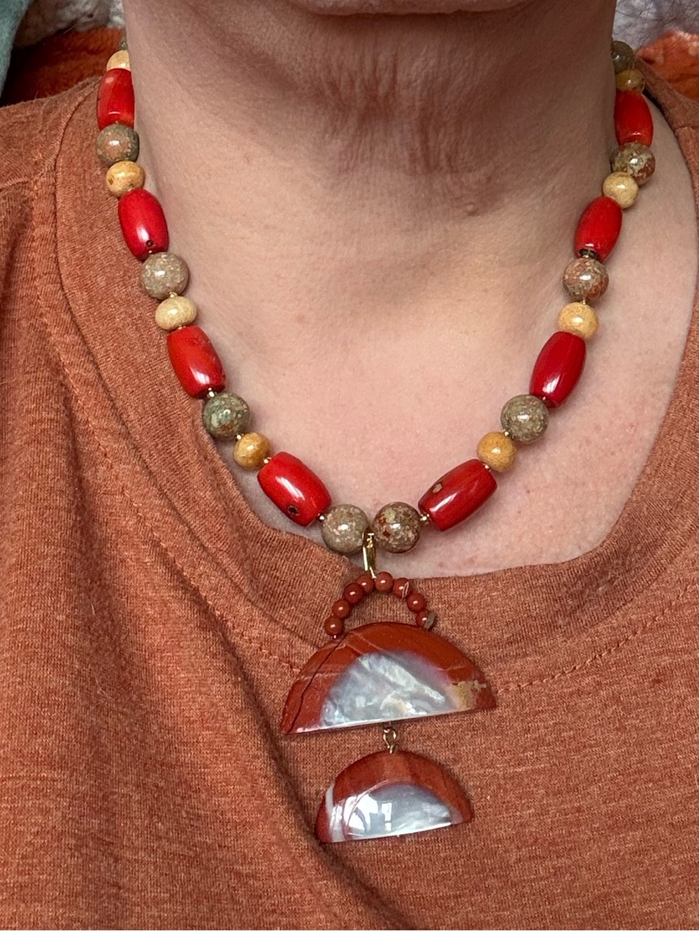 Hand Crafted Coral Beads With Carnelian Pendant Necklace - Picture 3 of 5
